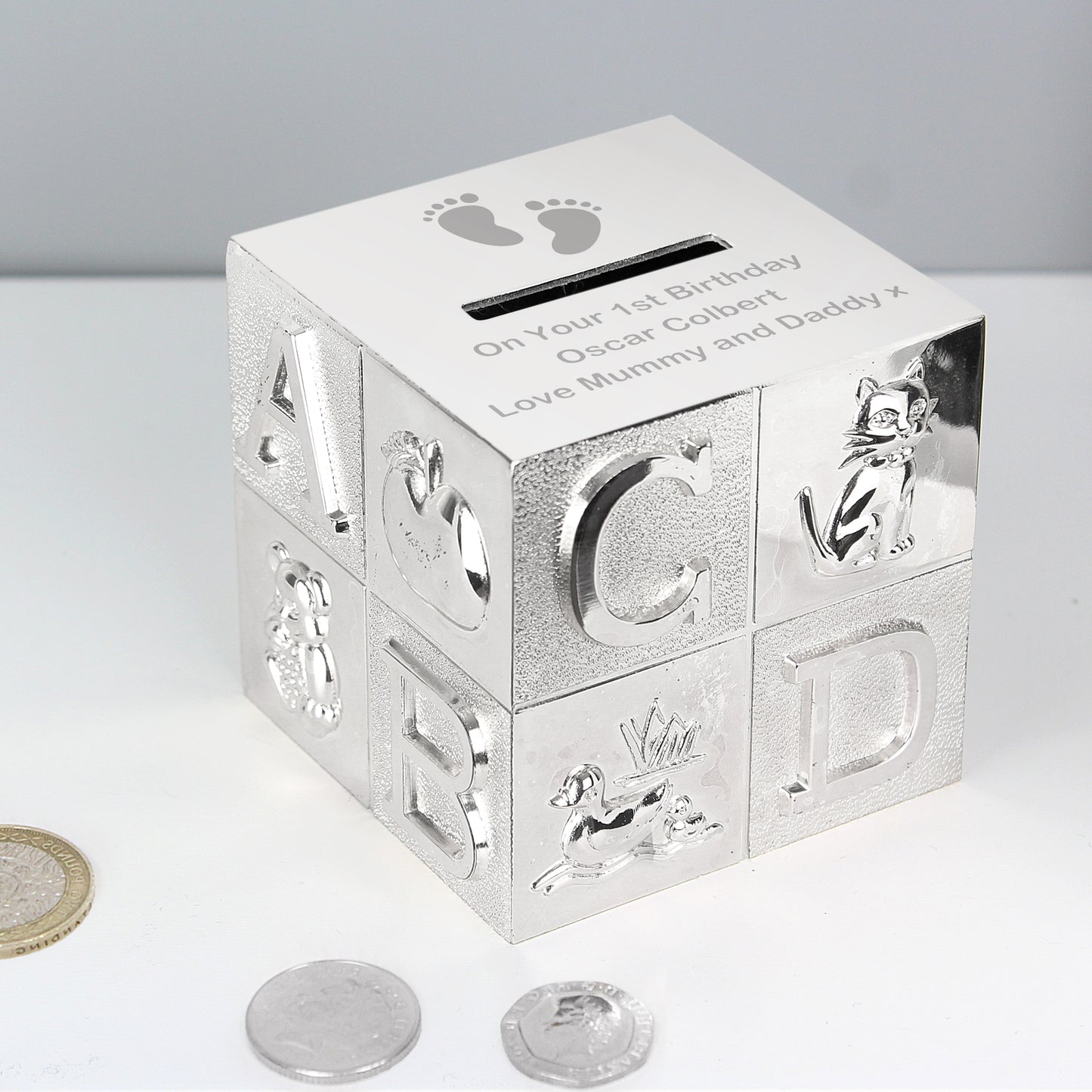 Personalised Footprints Silver Money Box