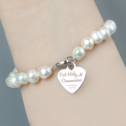 Personalised First Holy Communion Swirls & Hearts White Freshwater Pearl Bracelet