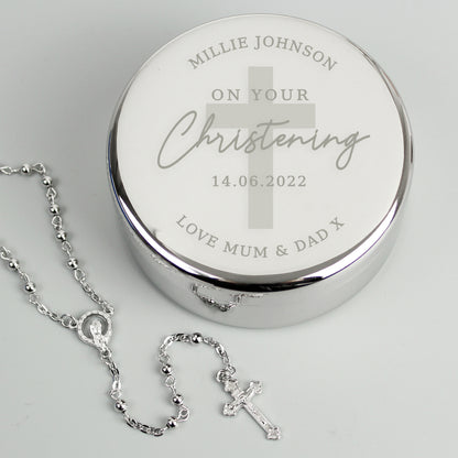 Personalised Christening Round Trinket Box & Rosary Beads Set