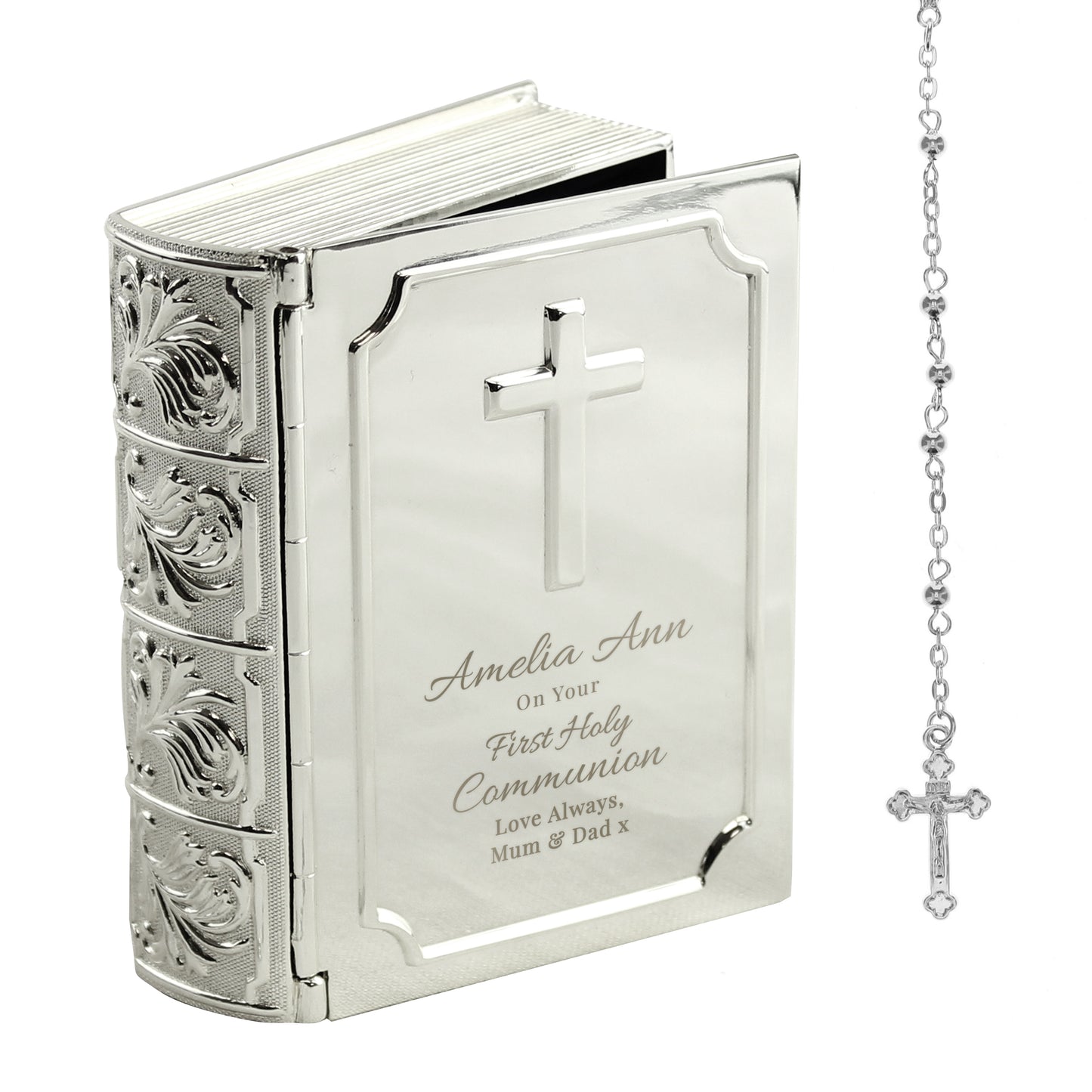 Personalised First Holy Communion Bible Trinket Box with Rosary Beads