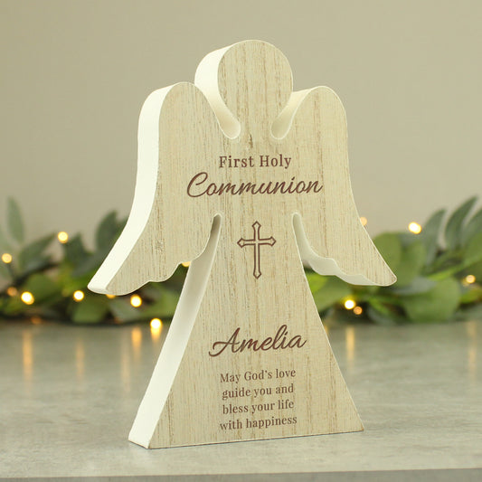 Personalised First Holy Communion Rustic Wooden Angel Decoration