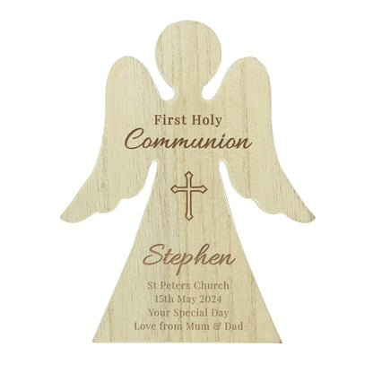 Personalised First Holy Communion Rustic Wooden Angel Decoration