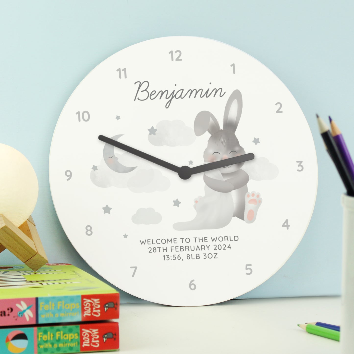 Personalised Baby Bunny White Wooden Clock