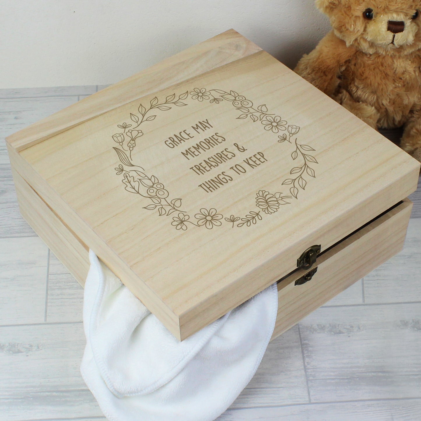 Personalised Floral Wreath Large Wooden Keepsake Box